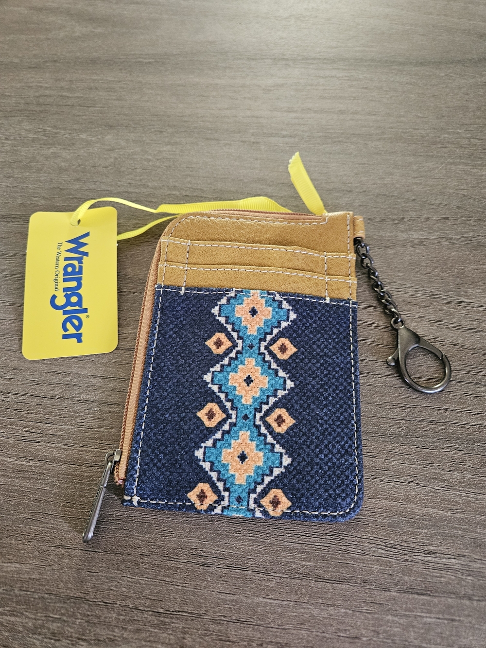 Wrangler Navy, Tan and Turquoise Embroidered Zip Card Wallet with Key Clip-NWT